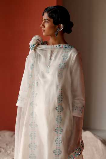 Buy_Shikha Mehta_Ivory , Chanderi, Organza Mirrors, Ariana Kurta Pyjama Set _Online_at_Aza_Fashions