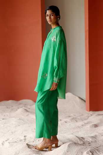 Shikha Mehta_Green Chanderi, Silk Embroidery, Mirrors Open Neck Ruvee Top And Pant Set _Online_at_Aza_Fashions
