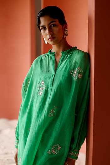 Buy_Shikha Mehta_Green Chanderi, Silk Embroidery, Mirrors Open Neck Ruvee Top And Pant Set _Online_at_Aza_Fashions