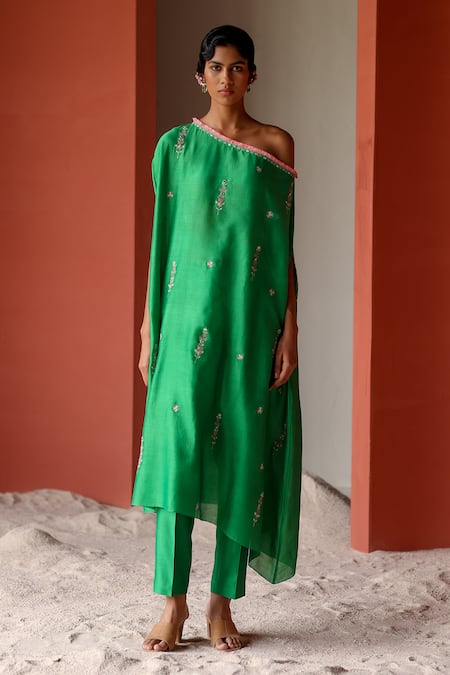 Shikha Mehta_Green Silk, Chanderi Mirrors, Embroidery Off-shoulder Gul Tunic And Pant Set _Online_at_Aza_Fashions