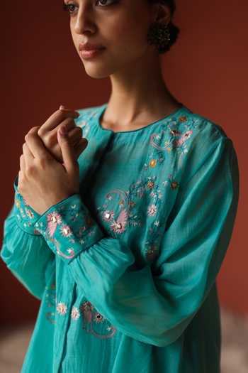 Shikha Mehta_Blue Chanderi, Silk Embroidery Round Neck Mishi Top And Pant Set _Online_at_Aza_Fashions