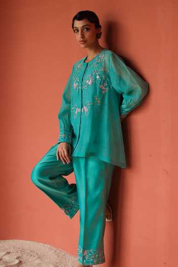 Buy_Shikha Mehta_Blue Chanderi, Silk Embroidery Round Neck Mishi Top And Pant Set _Online_at_Aza_Fashions