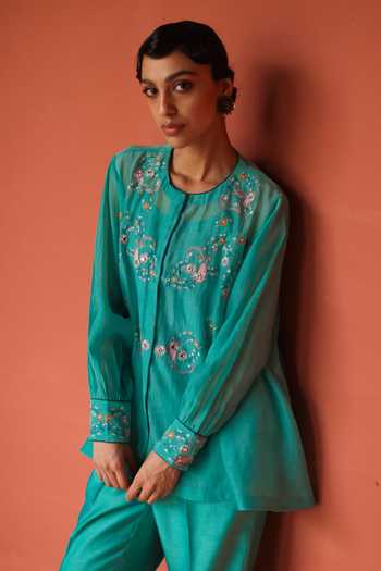 Shop_Shikha Mehta_Blue Chanderi, Silk Embroidery Round Neck Mishi Top And Pant Set _Online_at_Aza_Fashions