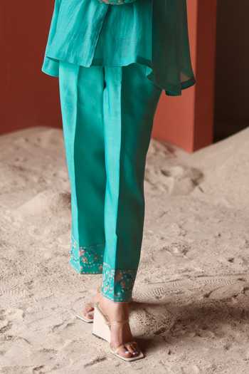 Shikha Mehta_Blue Chanderi, Silk Embroidery Round Neck Mishi Top And Pant Set _at_Aza_Fashions