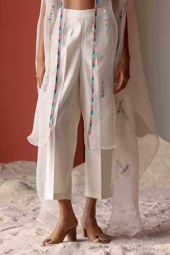 Shikha Mehta_Ivory Silk, Chanderi Embroidery Round Neck Pahee Asymmetric Cape Pant Set _Online_at_Aza_Fashions