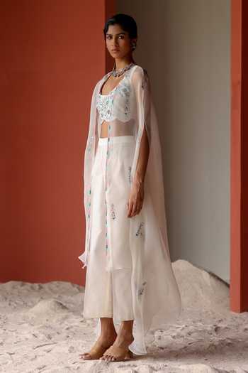 Buy_Shikha Mehta_Ivory Silk, Chanderi Embroidery Round Neck Pahee Asymmetric Cape Pant Set _Online_at_Aza_Fashions