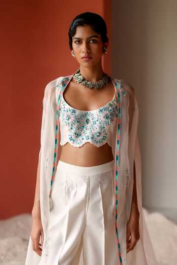 Shop_Shikha Mehta_Ivory Silk, Chanderi Embroidery Round Neck Pahee Asymmetric Cape Pant Set _Online_at_Aza_Fashions