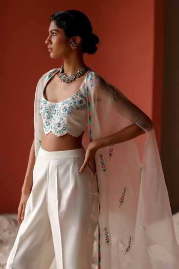 Shikha Mehta_Ivory Silk, Chanderi Embroidery Round Neck Pahee Asymmetric Cape Pant Set _at_Aza_Fashions