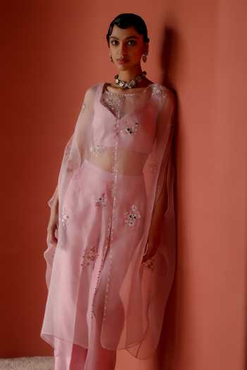 Buy_Shikha Mehta_Purple Silk, Chanderi Embroidery, Mirrors Round Ruhani Organza Cape Pant Set _Online_at_Aza_Fashions