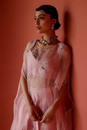Shop_Shikha Mehta_Purple Silk, Chanderi Embroidery, Mirrors Round Ruhani Organza Cape Pant Set _Online_at_Aza_Fashions