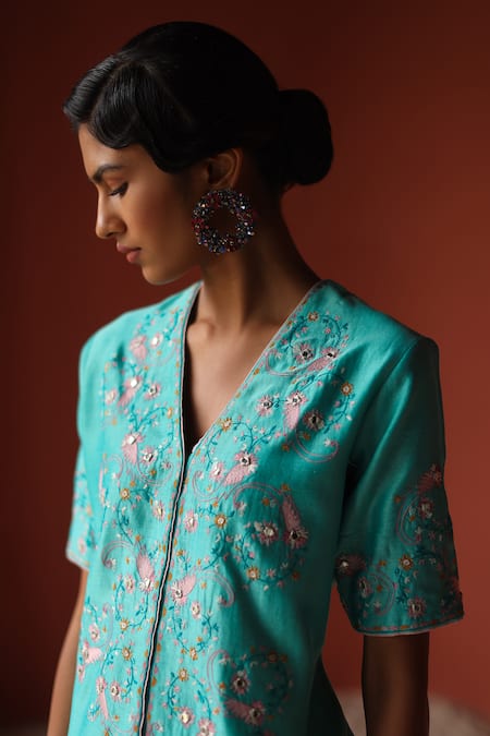 Shikha Mehta_Blue Silk, Chanderi Embroidery, Mirrors V-neck Soraya Jacket And Pant Set _Online_at_Aza_Fashions