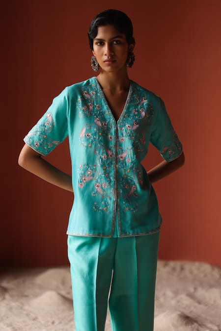 Buy_Shikha Mehta_Blue Silk, Chanderi Embroidery, Mirrors V-neck Soraya Jacket And Pant Set _Online_at_Aza_Fashions