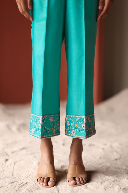 Shop_Shikha Mehta_Blue Silk, Chanderi Embroidery, Mirrors V-neck Soraya Jacket And Pant Set _Online_at_Aza_Fashions