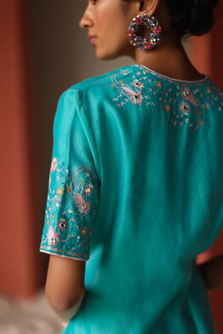 Shikha Mehta_Blue Silk, Chanderi Embroidery, Mirrors V-neck Soraya Jacket And Pant Set _at_Aza_Fashions