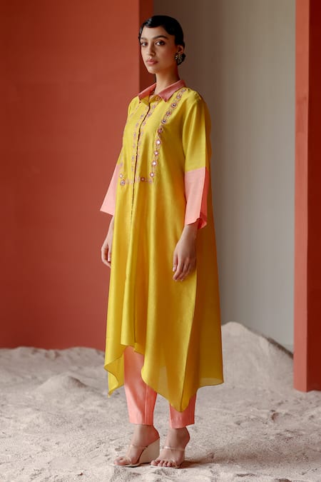 Shikha Mehta_Yellow Silk, Chanderi, Cotton Embroidery Trisha Bloom Mirror Tunic Pant Set _Online_at_Aza_Fashions