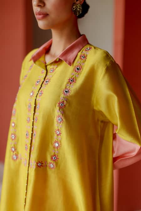 Shop_Shikha Mehta_Yellow Silk, Chanderi, Cotton Embroidery Trisha Bloom Mirror Tunic Pant Set _Online_at_Aza_Fashions