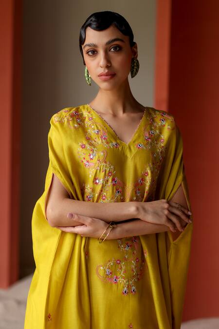 Shikha Mehta Yellow Silk, Chanderi Mirrors Yuvee Blossom Vine Embroidered Kaftan Pant Set Online at Aza Fashions Shikha Mehta_Yellow Silk, Chanderi Mirrors Yuvee Blossom Vine Embroidered Kaftan Pant Set _Online_at_Aza_Fashions