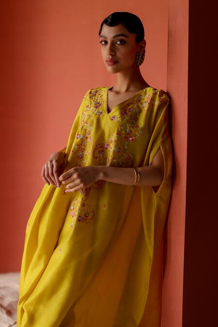 Shop Shikha Mehta Yellow Silk, Chanderi Mirrors Yuvee Blossom Vine Embroidered Kaftan Pant Set Online at Aza Fashions Shop_Shikha Mehta_Yellow Silk, Chanderi Mirrors Yuvee Blossom Vine Embroidered Kaftan Pant Set _Online_at_Aza_Fashions