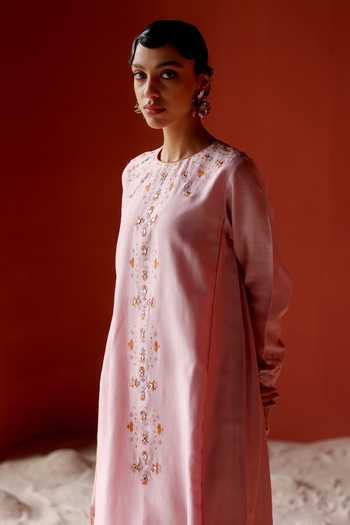 Shop_Shikha Mehta_Purple Silk, Chanderi Zavi Floral Mirror Gardenia Kurta With Flared Pant _Online_at_Aza_Fashions