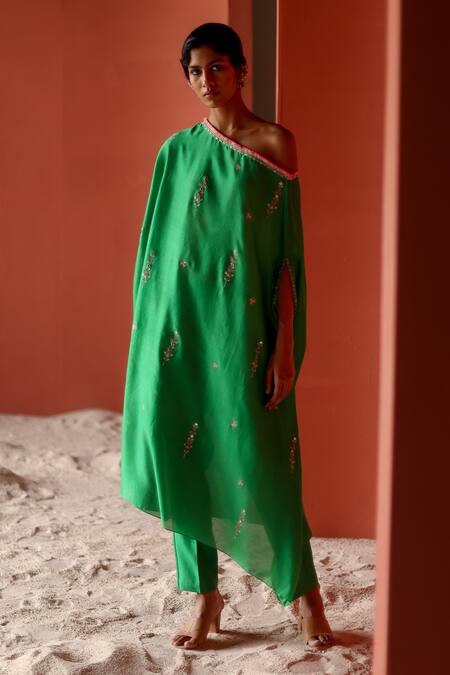 Shikha Mehta Gul Off-Shoulder Embroidered Tunic & Pant Set 