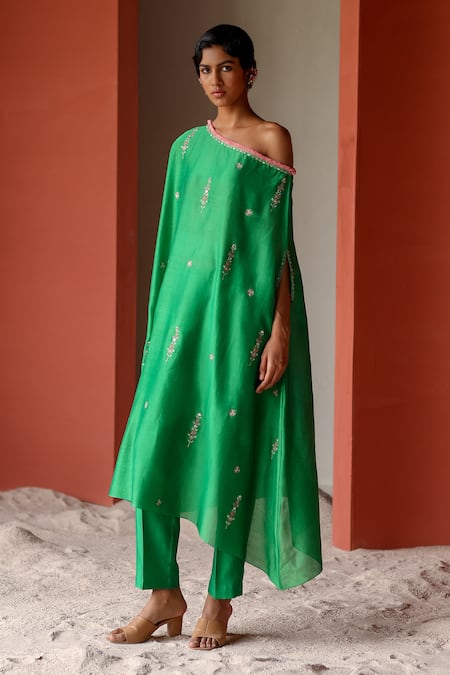 Shop_Shikha Mehta_Green Silk, Chanderi Mirrors, Embroidery Off-shoulder Gul Tunic And Pant Set _Online_at_Aza_Fashions