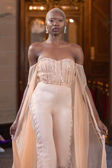 Chhavvi Aggarwal_Beige Georgette, Linen Cut Work, Sequin Corset And Bell Bottom Pant Set _Online_at_Aza_Fashions