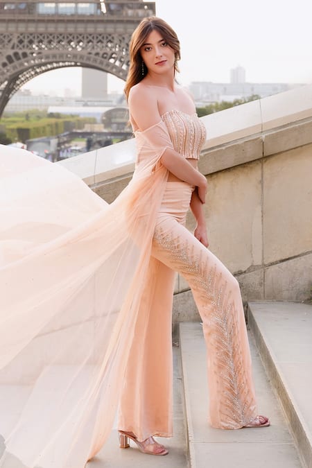 Buy_Chhavvi Aggarwal_Beige Georgette, Linen Cut Work, Sequin Corset And Bell Bottom Pant Set _Online_at_Aza_Fashions