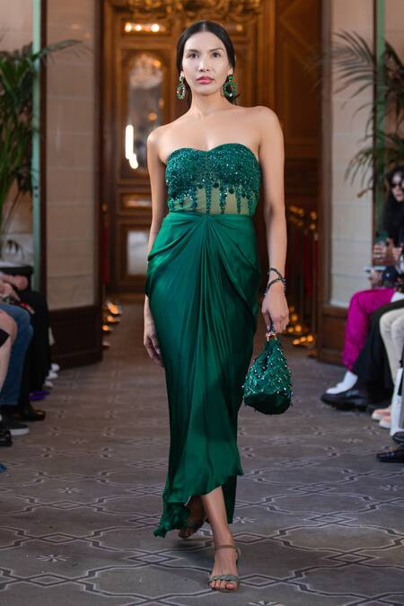 Chhavvi Aggarwal_Green Bamboo, Linen Sequins, Cut Work Bodice Embroidered Pre-draped Gown _Online_at_Aza_Fashions