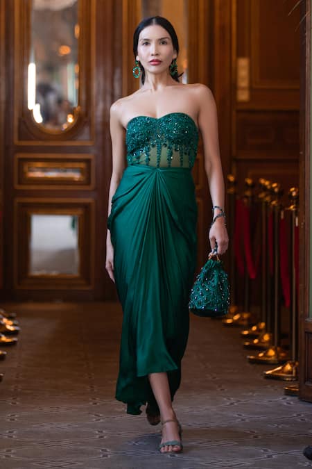 Shop_Chhavvi Aggarwal_Green Bamboo, Linen Sequins, Cut Work Bodice Embroidered Pre-draped Gown _Online_at_Aza_Fashions