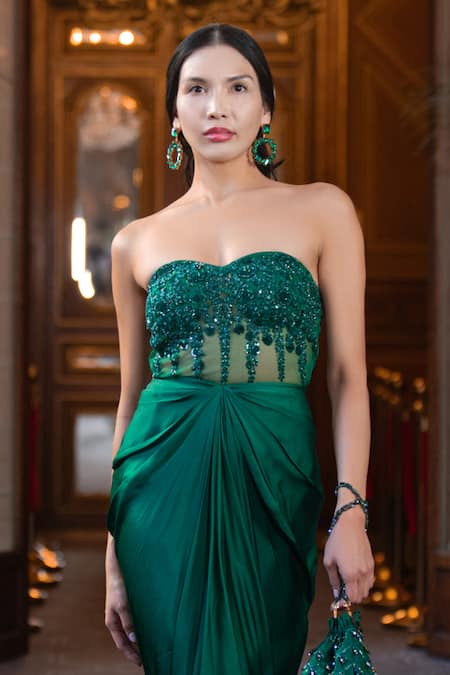 Chhavvi Aggarwal_Green Bamboo, Linen Sequins, Cut Work Bodice Embroidered Pre-draped Gown _at_Aza_Fashions