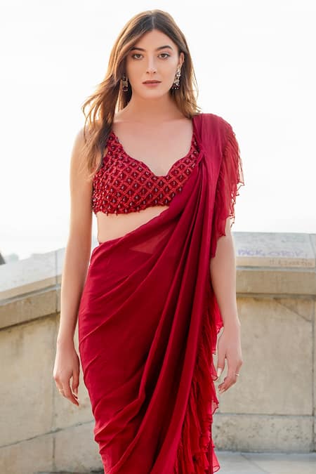 Chhavvi Aggarwal Maroon Chiffon, Georgette Cut Work, Embroidery Sharara Saree With Blouse Online at Aza Fashions Chhavvi Aggarwal_Maroon Chiffon, Georgette Cut Work, Embroidery Sharara Saree With Blouse _Online_at_Aza_Fashions