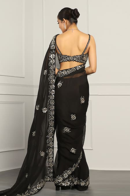 Meenagurnam Black Net, Georgette Mirrors, Beads, Zari Embroidered Saree With Blouse Online at Aza Fashions Meenagurnam_Black Net, Georgette Mirrors, Beads, Zari Embroidered Saree With Blouse _Online_at_Aza_Fashions