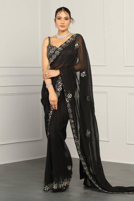 Buy Meenagurnam Black Net, Georgette Mirrors, Beads, Zari Embroidered Saree With Blouse Online at Aza Fashions Buy_Meenagurnam_Black Net, Georgette Mirrors, Beads, Zari Embroidered Saree With Blouse _Online_at_Aza_Fashions
