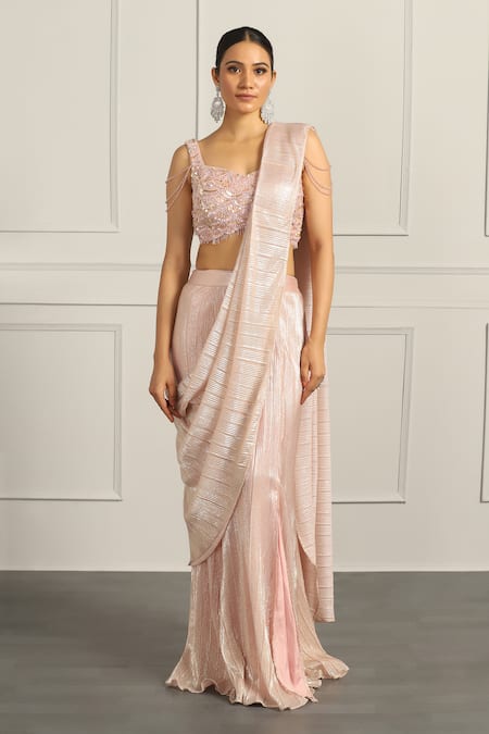 Buy_Meenagurnam_Pink Net, Crepe Crystals, Crinkled Pre-draped Saree With Embroidered Blouse _Online_at_Aza_Fashions
