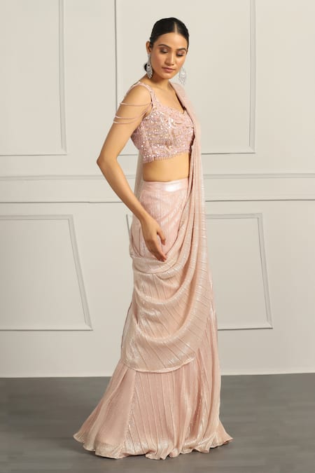 Shop_Meenagurnam_Pink Net, Crepe Crystals, Crinkled Pre-draped Saree With Embroidered Blouse _Online_at_Aza_Fashions