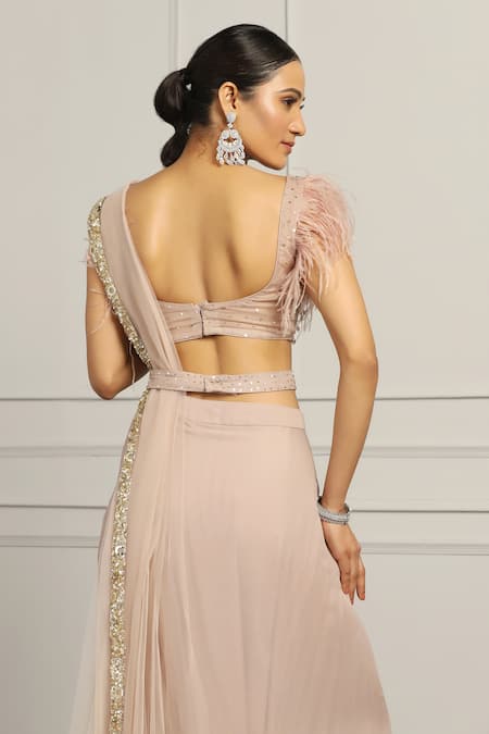 Meenagurnam Feather Hem Pre-Draped Saree With Blouse 