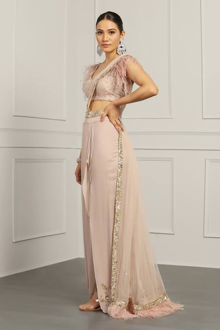 Shop_Meenagurnam_Pink Georgette Embroidered Beads Leaf Feather Hem Pre-draped Saree With Blouse _Online_at_Aza_Fashions