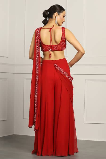 Meenagurnam Embroidered Maroon Draped Sharara Saree 