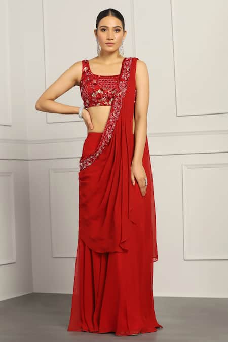 Meenagurnam_Maroon Georgette, Net Sequins, Beads Round Embroidered Draped Sharara Saree _Online_at_Aza_Fashions