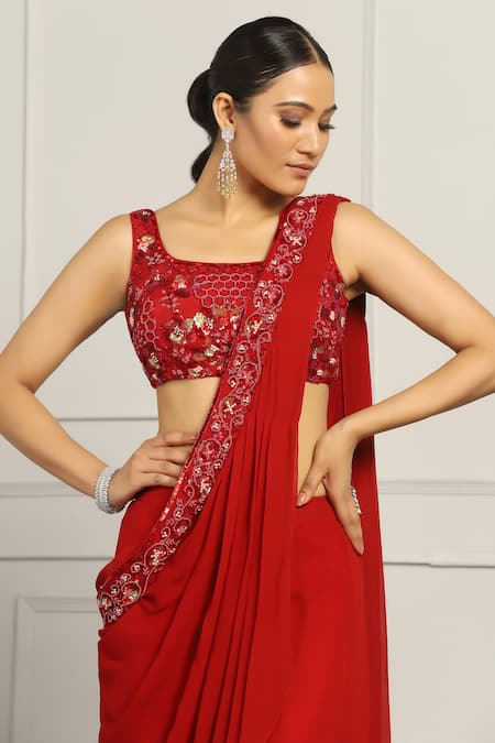 Buy_Meenagurnam_Maroon Georgette, Net Sequins, Beads Round Embroidered Draped Sharara Saree _Online_at_Aza_Fashions