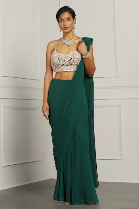 MeenaGurnam Emerald Green Georgette Embroidered Draped Sharara Saree With Flower Blouse