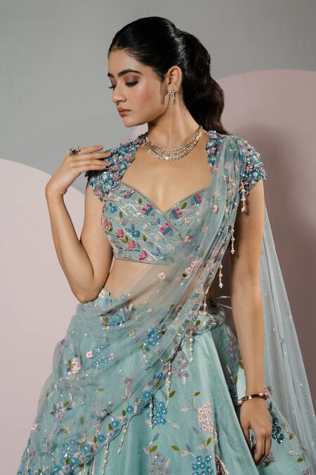 Sonia Bansal_Blue Organza Hand Embroidery Floral Sweetheart Neck Resham Lehenga With Blouse_Online_at_Aza_Fashions