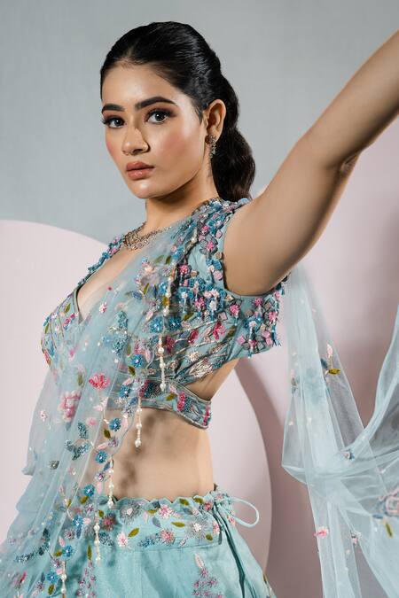 Buy_Sonia Bansal_Blue Organza Hand Embroidery Floral Sweetheart Neck Resham Lehenga With Blouse_Online_at_Aza_Fashions