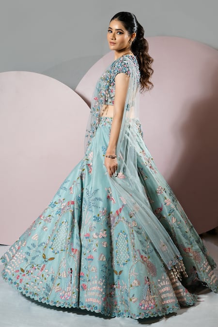 Sonia Bansal_Blue Organza Hand Embroidery Floral Sweetheart Neck Resham Lehenga With Blouse_at_Aza_Fashions