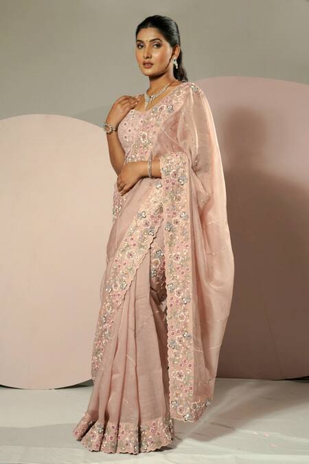Shop Sonia Bansal Pink Organza Embroidery Sequins Sweetheart Neck Floral Saree With Blouse at Aza Fashions Shop_Sonia Bansal_Pink Organza Embroidery Sequins Sweetheart Neck Floral Saree With Blouse_at_Aza_Fashions