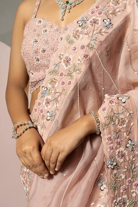 Buy Sonia Bansal Pink Organza Embroidery Sequins Sweetheart Neck Floral Saree With Blouse Online at Aza Fashions Buy_Sonia Bansal_Pink Organza Embroidery Sequins Sweetheart Neck Floral Saree With Blouse_Online_at_Aza_Fashions