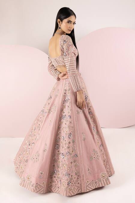 Shop Sonia Bansal Pink Organza Embroidery Sequins Scoop Neck Floral Resham Lehenga Set at Aza Fashions Shop_Sonia Bansal_Pink Organza Embroidery Sequins Scoop Neck Floral Resham Lehenga Set_at_Aza_Fashions