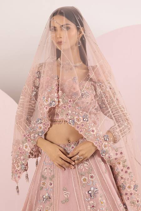 Sonia Bansal Pink Organza Embroidery Sequins Scoop Neck Floral Resham Lehenga Set Online at Aza Fashions Sonia Bansal_Pink Organza Embroidery Sequins Scoop Neck Floral Resham Lehenga Set_Online_at_Aza_Fashions
