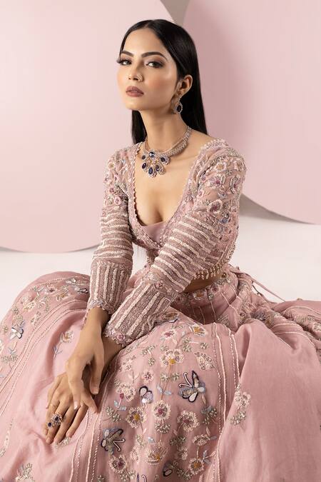 Buy Sonia Bansal Pink Organza Embroidery Sequins Scoop Neck Floral Resham Lehenga Set Online at Aza Fashions Buy_Sonia Bansal_Pink Organza Embroidery Sequins Scoop Neck Floral Resham Lehenga Set_Online_at_Aza_Fashions