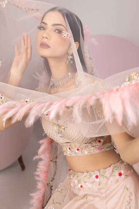 Shop Sonia Bansal Pink Lehenga Organza Embroidery Sequins Sweetheart Neck And Floral Set Online at Aza Fashions Shop_Sonia Bansal_Pink Lehenga Organza Embroidery Sequins Sweetheart Neck And Floral Set_Online_at_Aza_Fashions